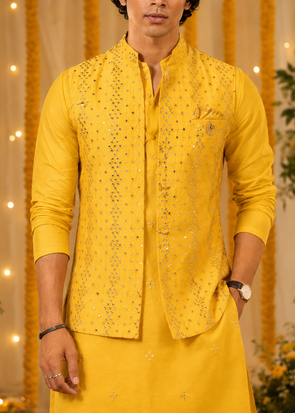 Yellow Mirrorwork Kurta Jacket Trouser Set
