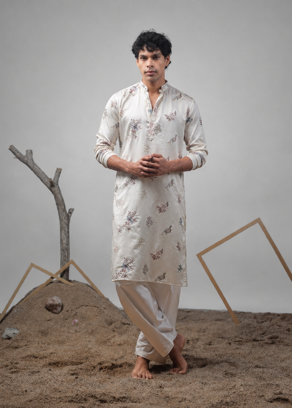 Cream Floral Silk Kurta Churidar Set