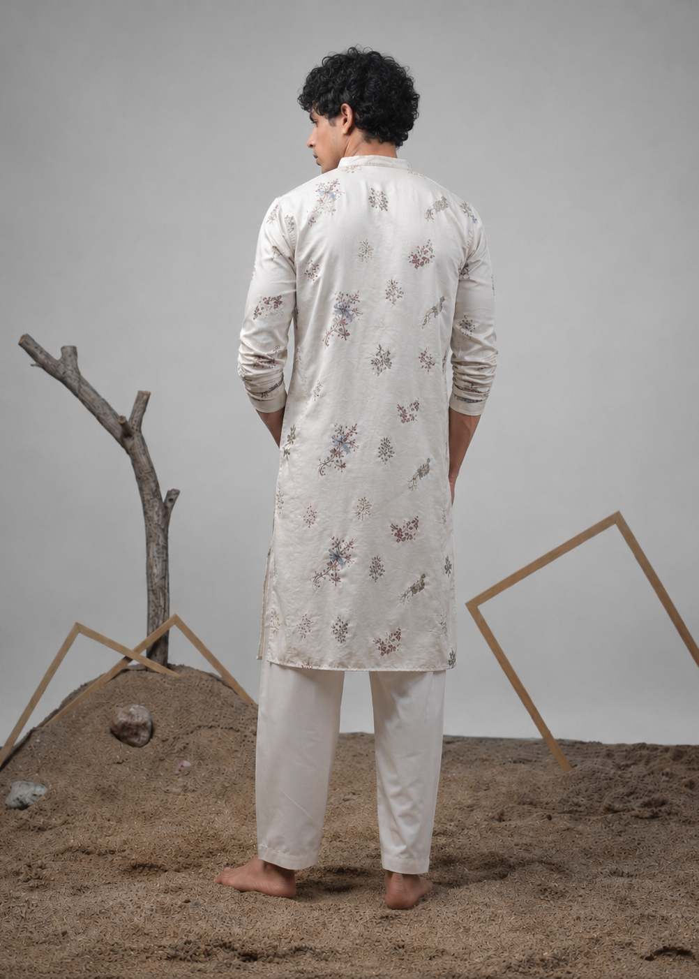 Cream Floral Silk Kurta Churidar Set