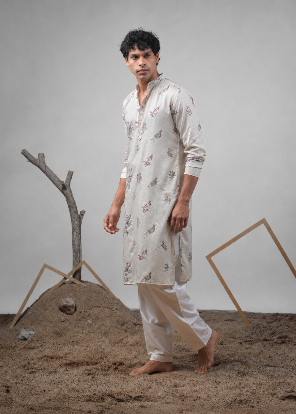 Cream Floral Silk Kurta Churidar Set