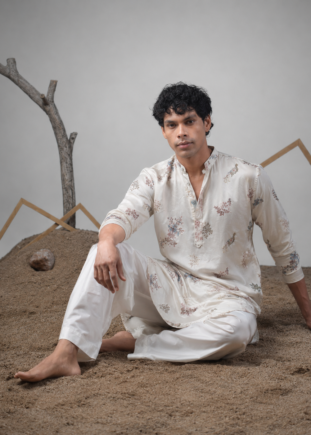 Cream Floral Silk Kurta Churidar Set