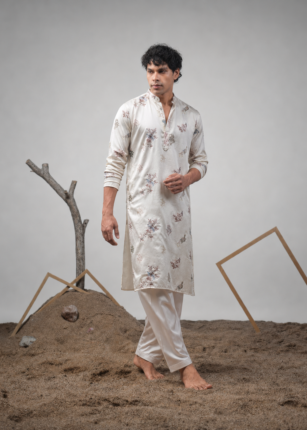 Cream Floral Silk Kurta Churidar Set