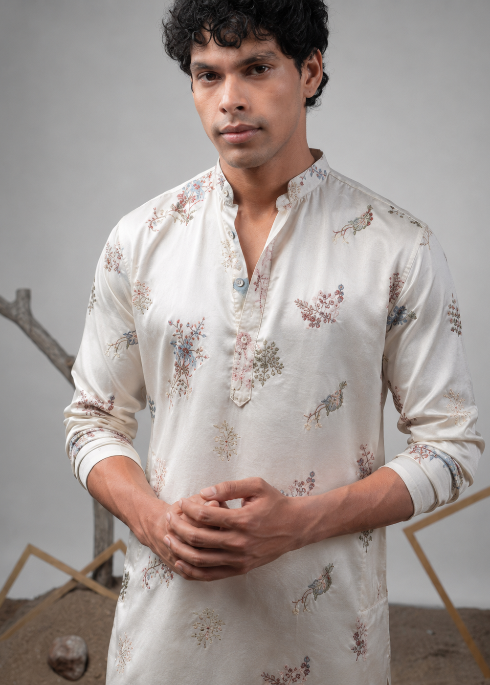 Cream Floral Silk Kurta Churidar Set
