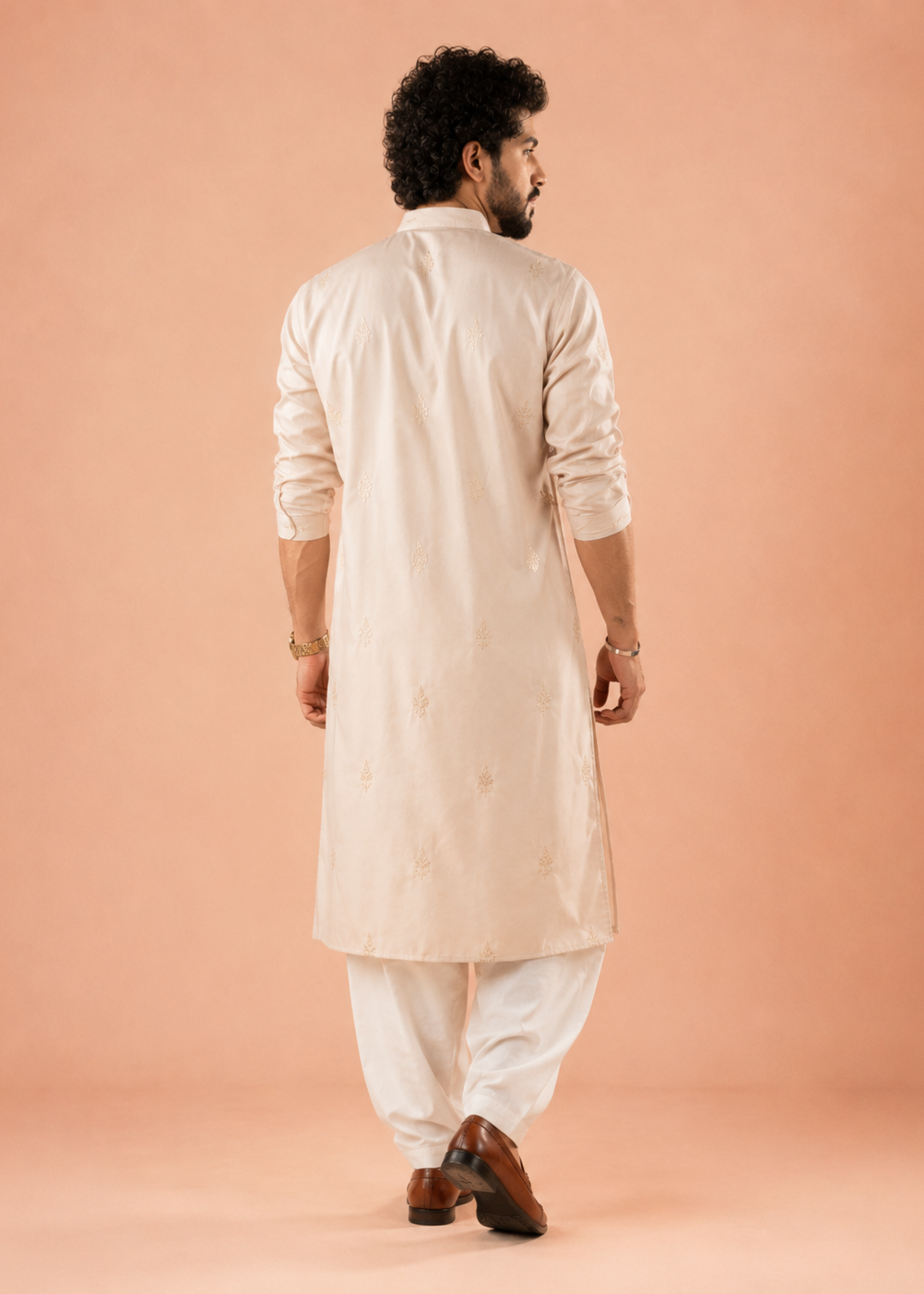 Light Peach Pink Botanical & Wildlife Embroidered Festive Kurta Trouser Set