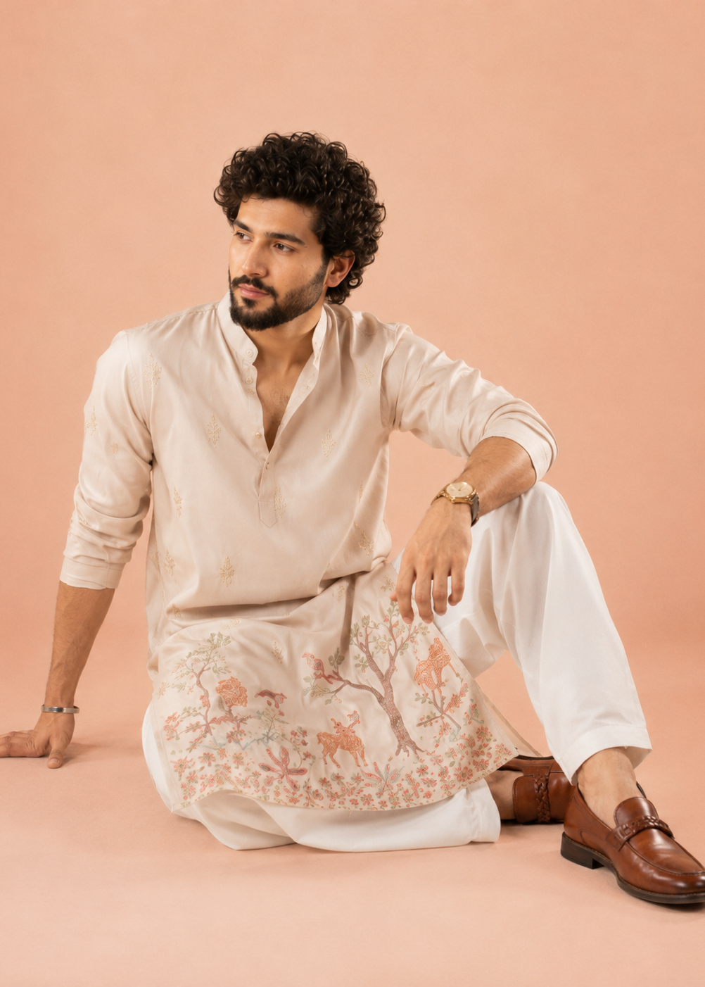 Light Peach Pink Botanical & Wildlife Embroidered Festive Kurta Trouser Set