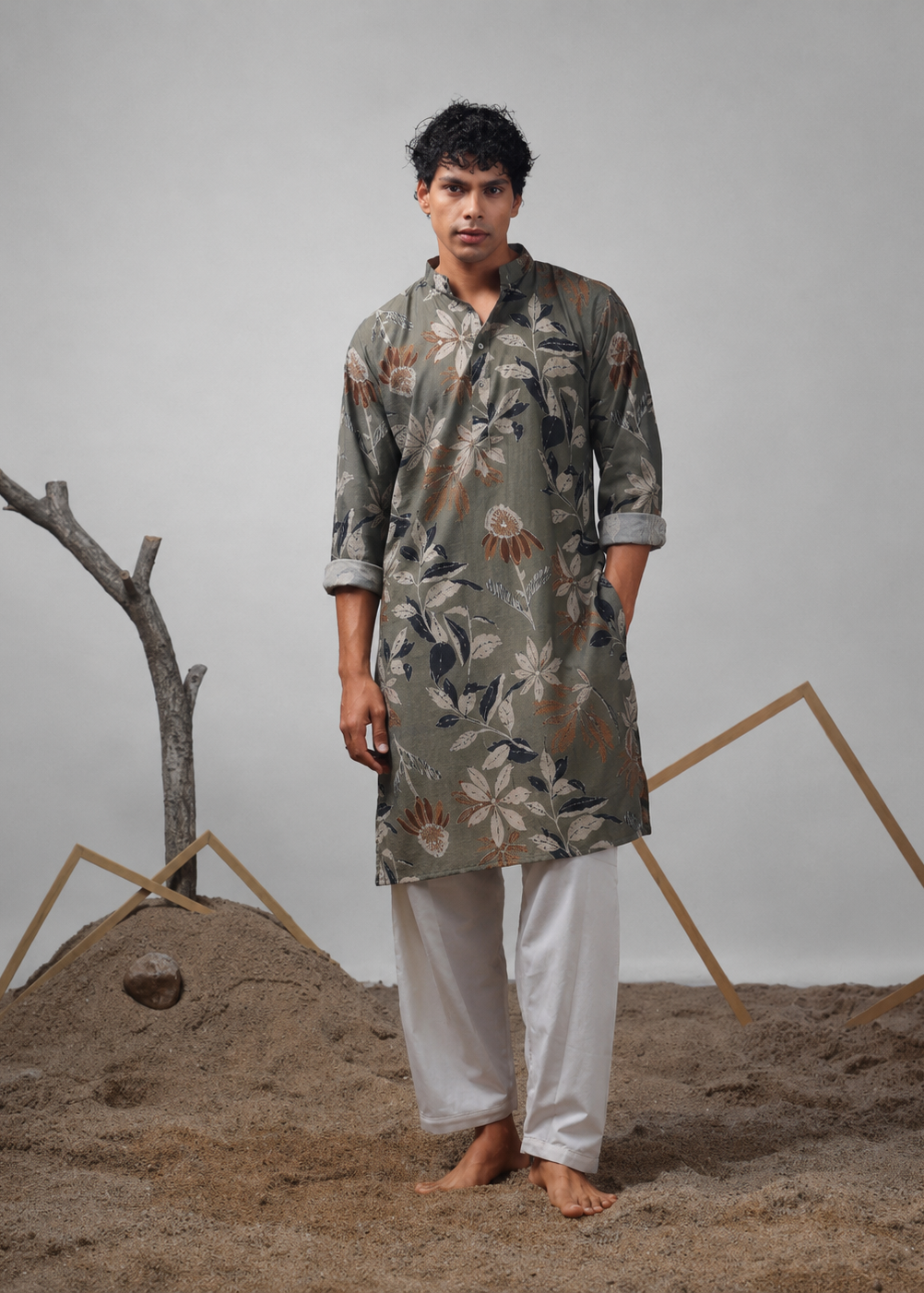 Sage Olive Botanical Print Kurta Trouser Set