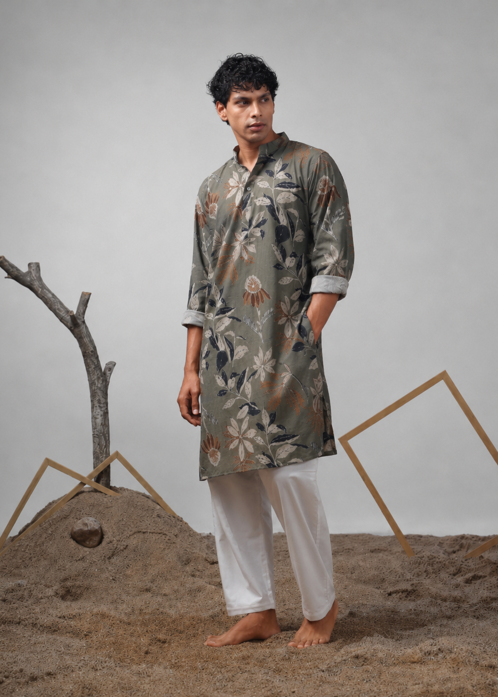 Sage Olive Botanical Print Kurta Trouser Set