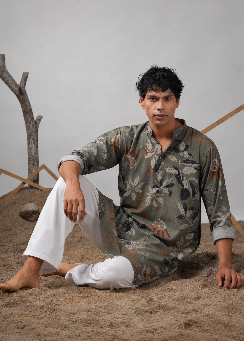 Sage Olive Botanical Print Kurta Trouser Set