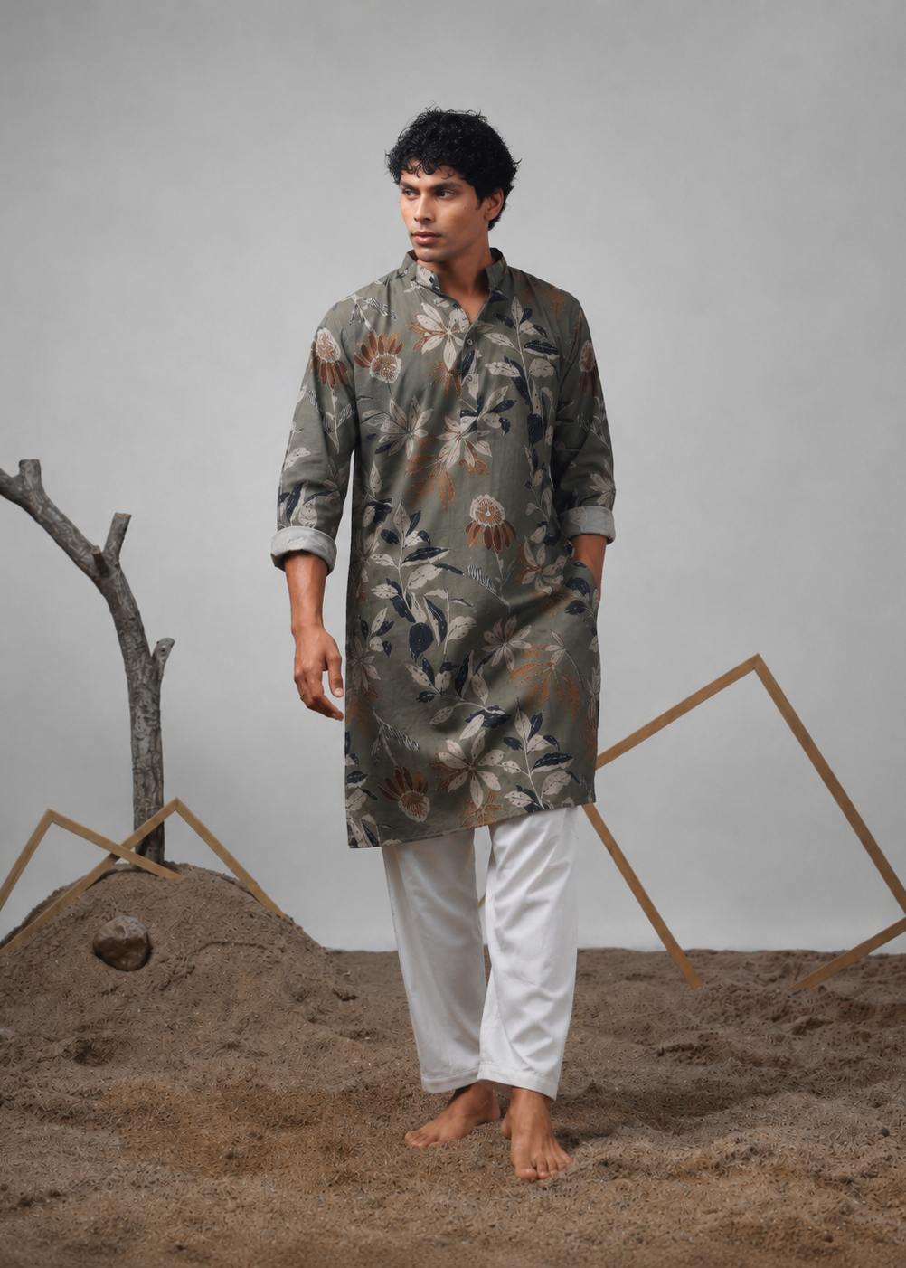 Sage Olive Botanical Print Kurta Trouser Set