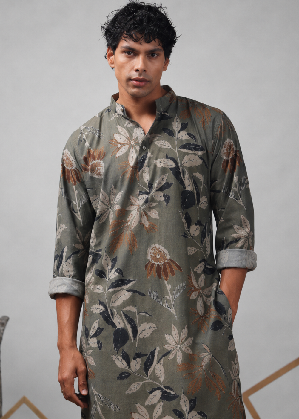 Sage Olive Botanical Print Kurta Trouser Set