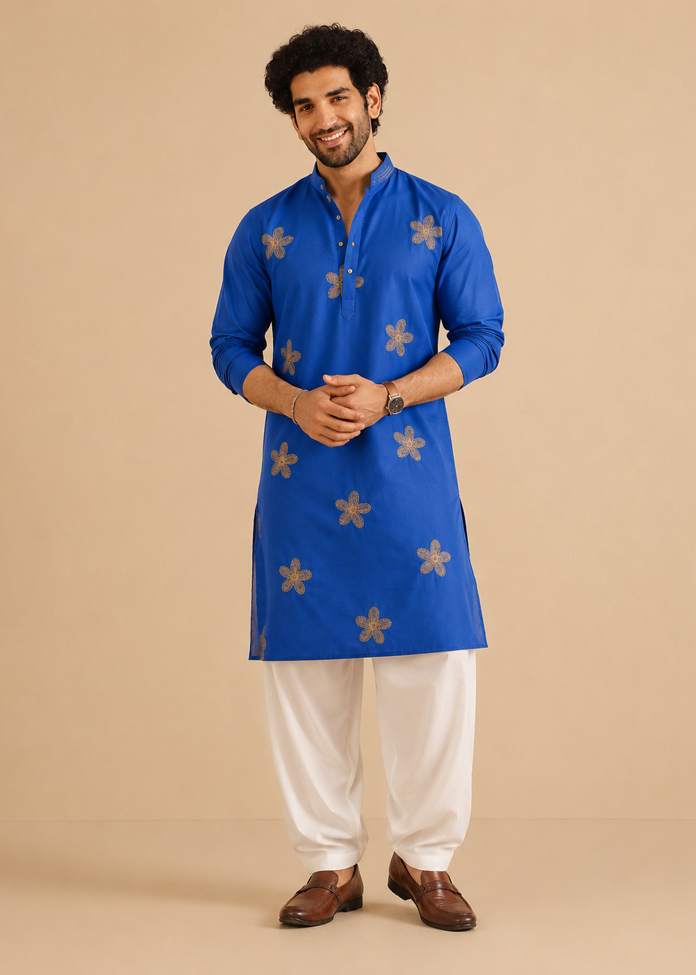 Blue Gold Butta Kurta Churidar Set