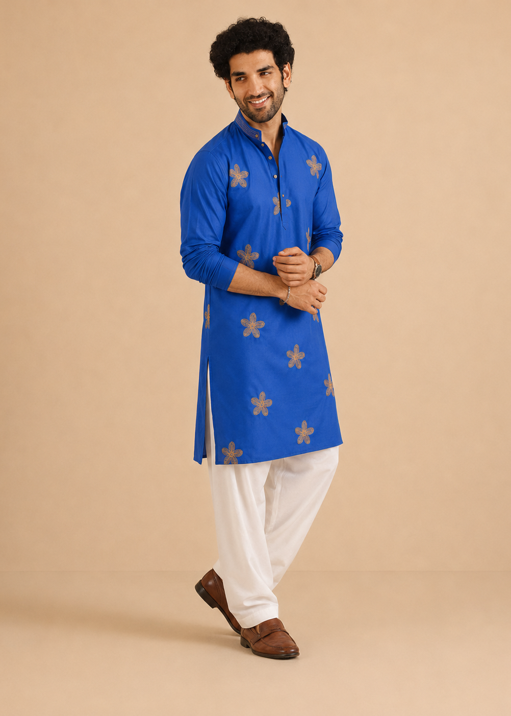 Blue Gold Butta Kurta Churidar Set