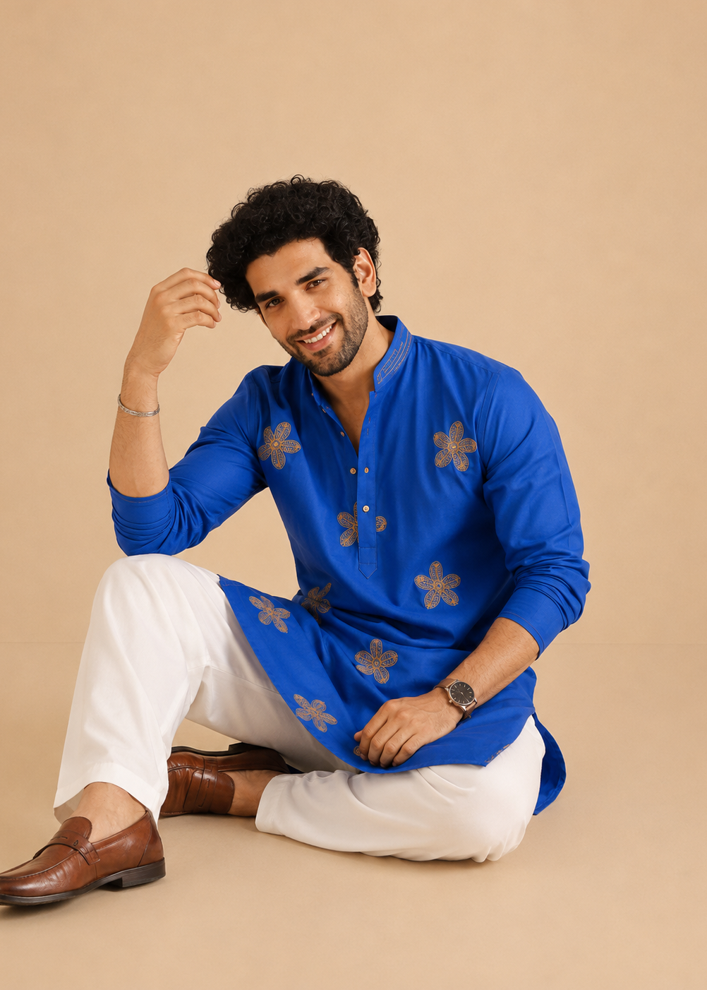 Blue Gold Butta Kurta Churidar Set