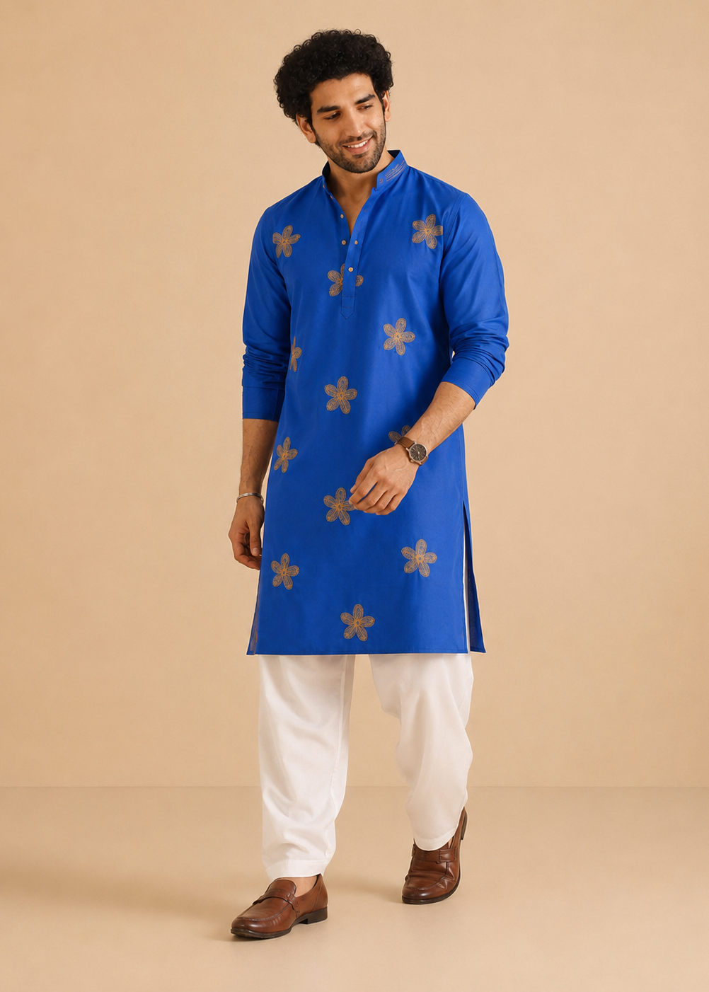 Blue Gold Butta Kurta Churidar Set