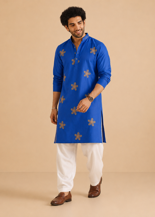 Blue Gold Butta Kurta Churidar Set