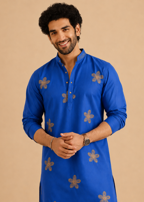 Blue Gold Butta Kurta Churidar Set