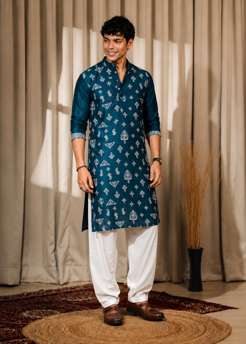 Men Blue Silk Embroidered  Kurta Churidar Set