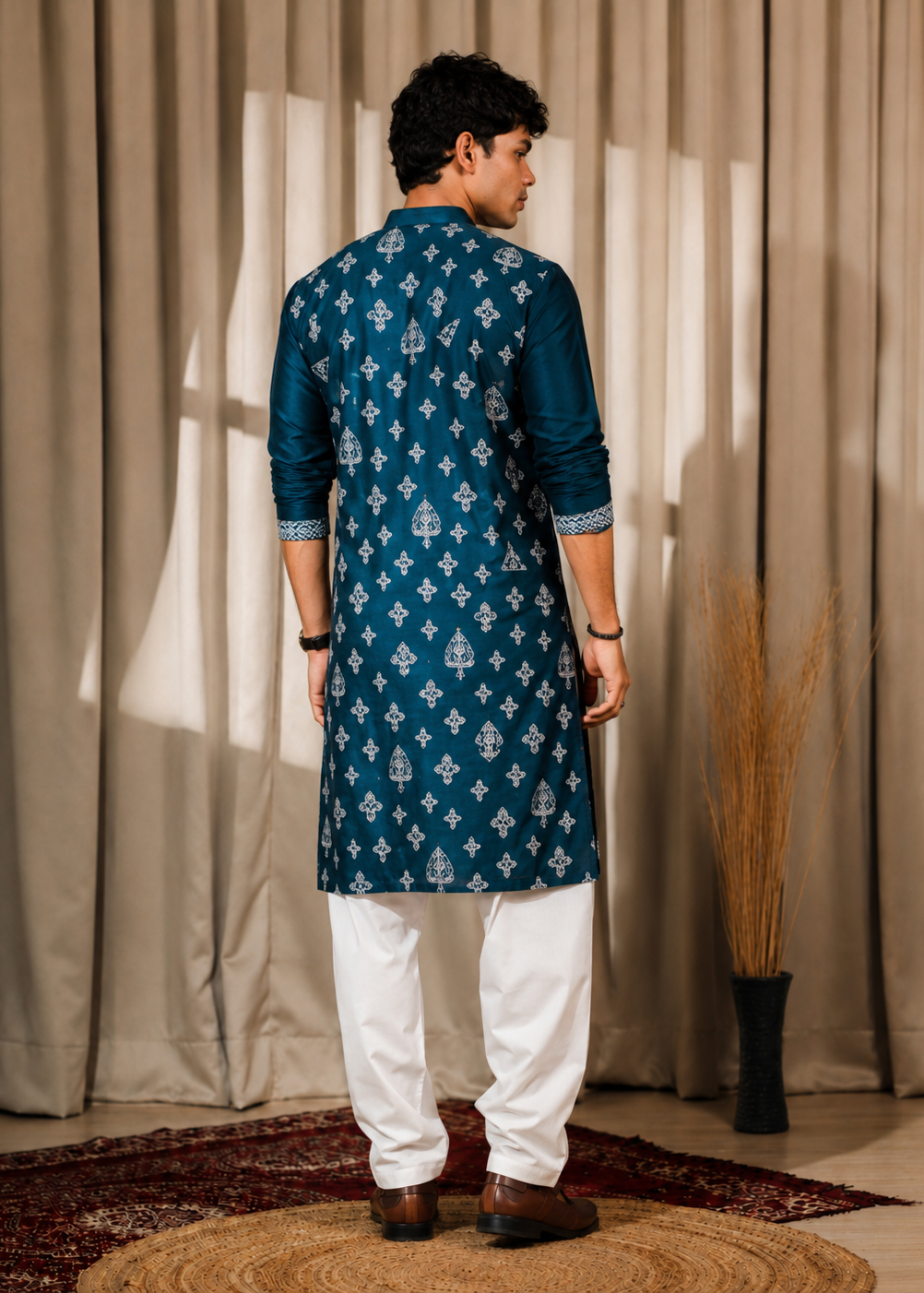 Men Blue Silk Embroidered  Kurta Churidar Set