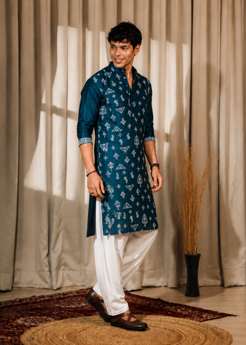 Men Blue Silk Embroidered  Kurta Churidar Set
