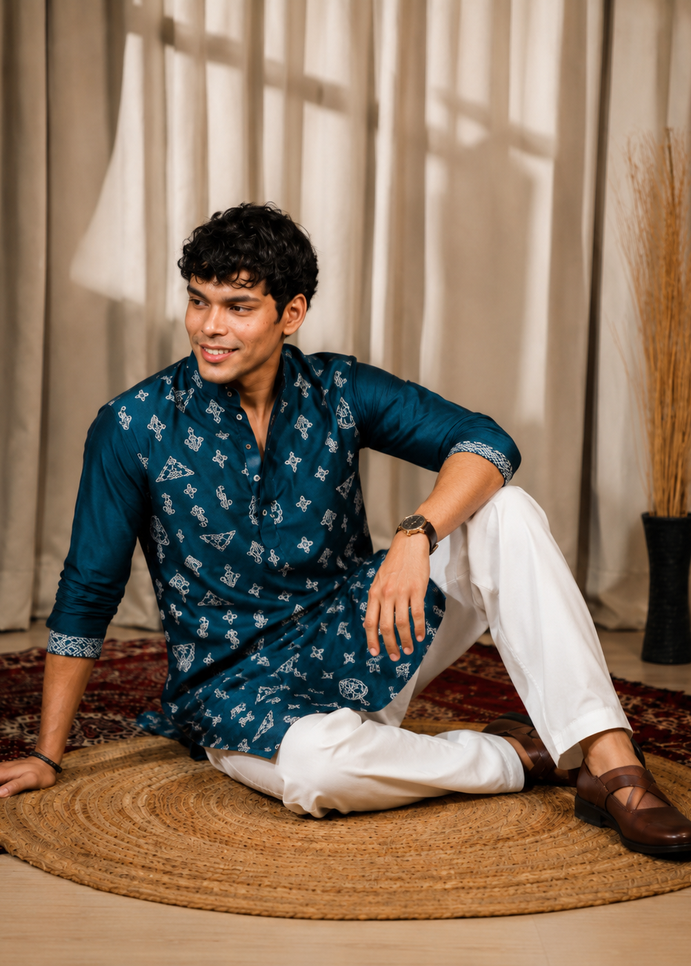 Men Blue Silk Embroidered  Kurta Churidar Set
