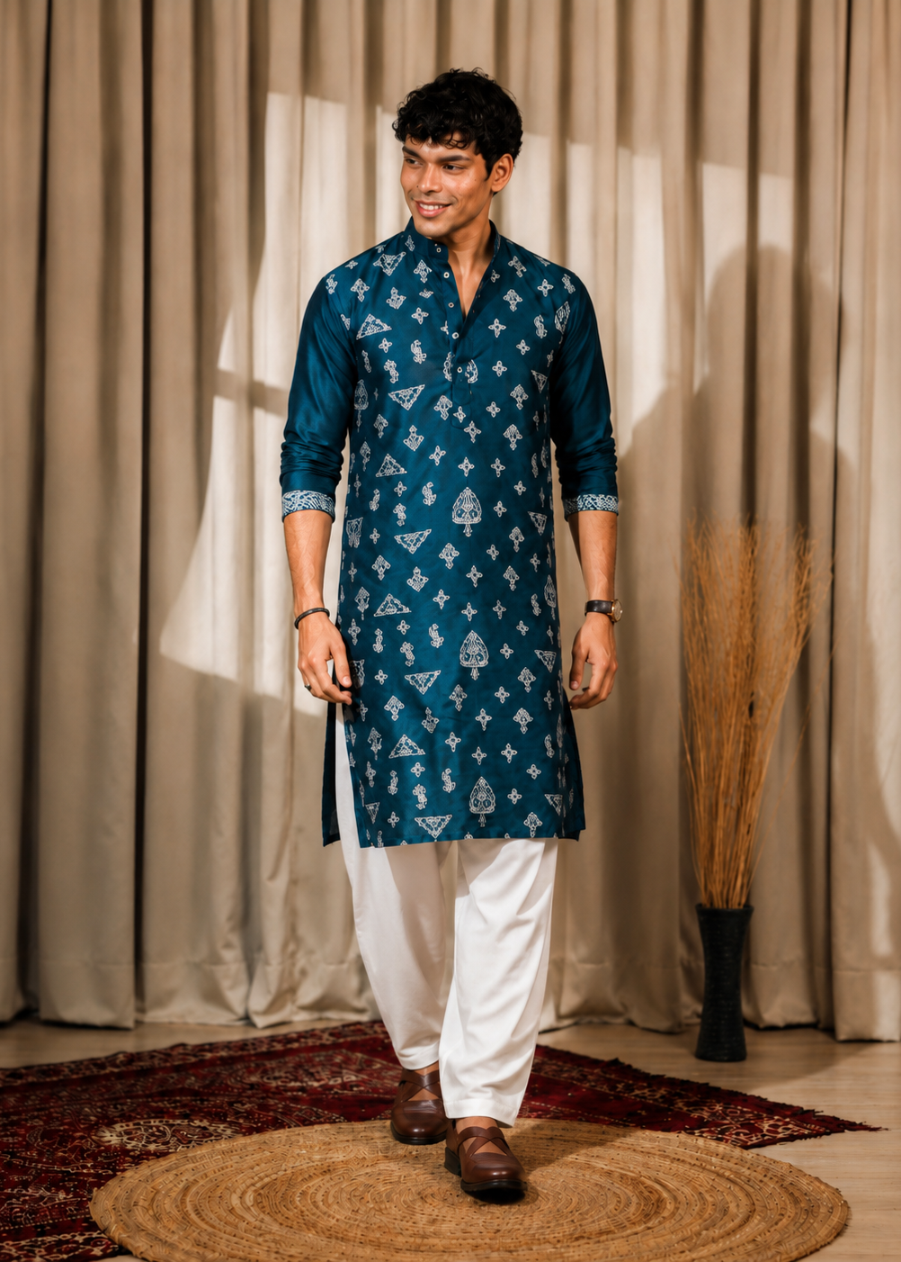 Men Blue Silk Embroidered  Kurta Churidar Set