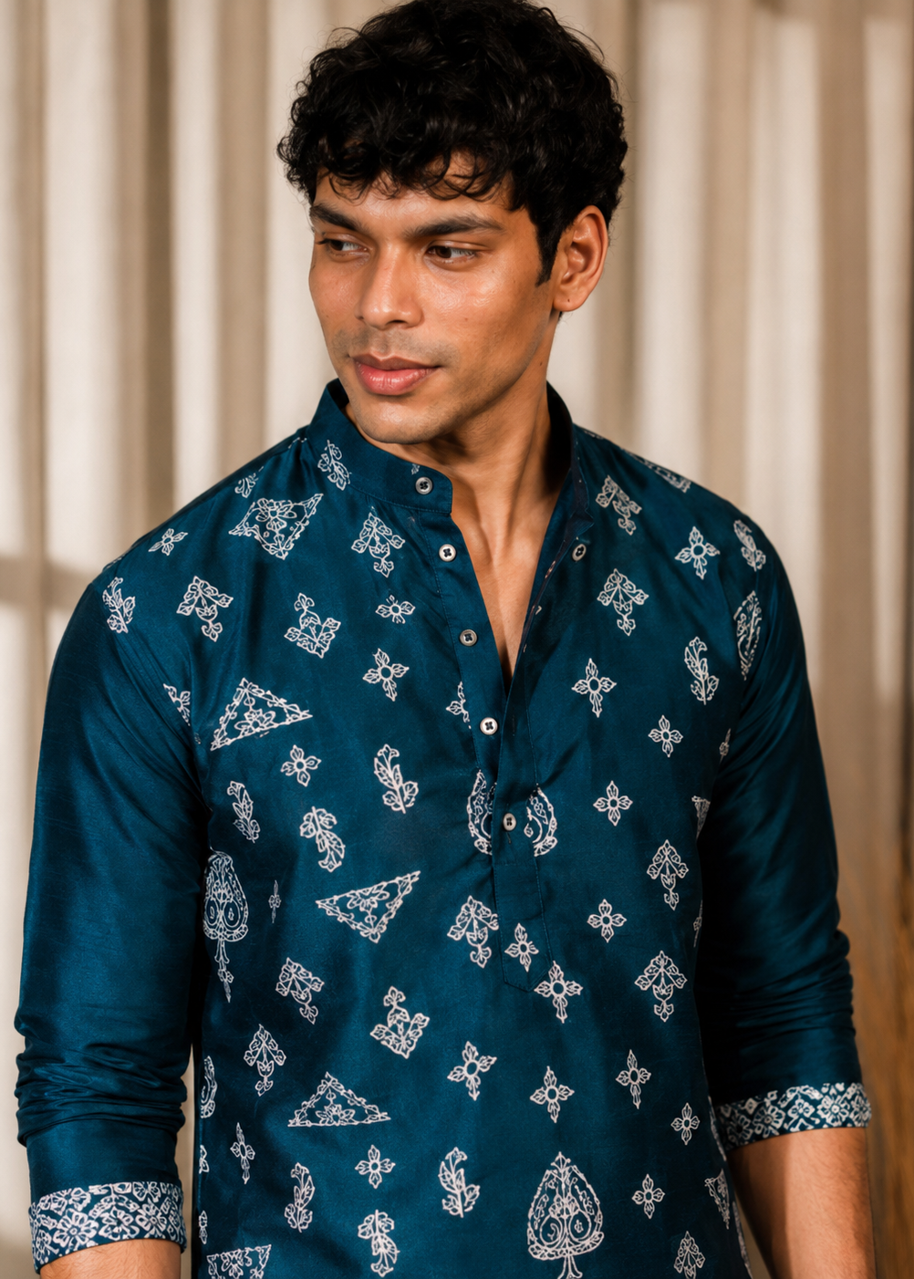 Men Blue Silk Embroidered  Kurta Churidar Set