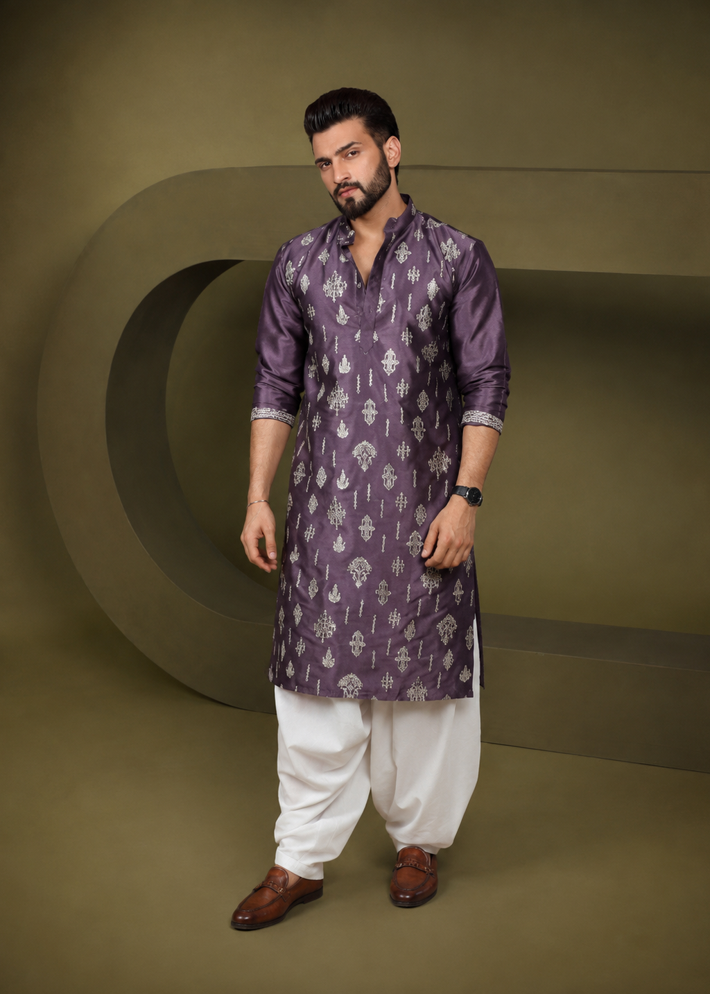 Purple Geometric Embellished Kurta Dhoti Set