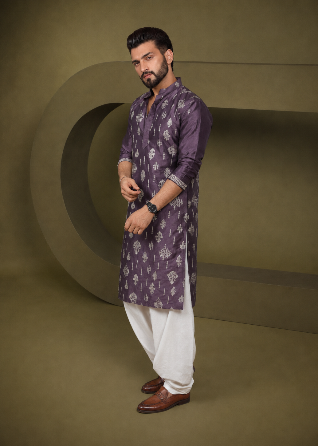 Purple Geometric Embellished Kurta Dhoti Set