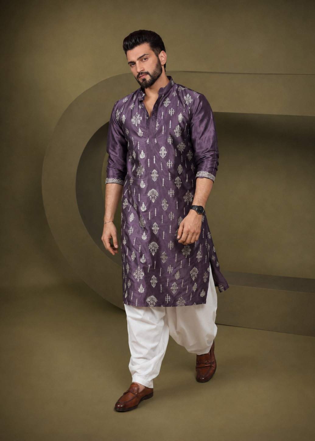 Purple Geometric Embellished Kurta Dhoti Set