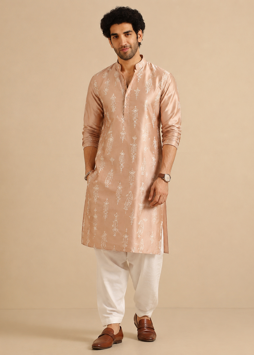 Men Peach Embroidered Kurta Trouser Set