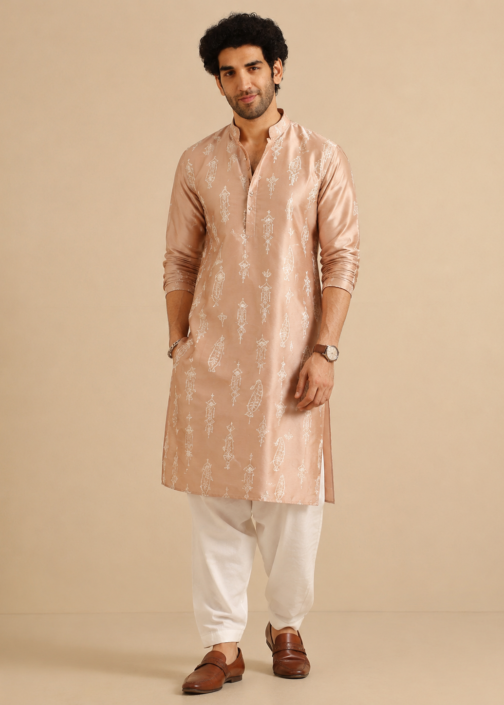 Men Peach Embroidered Kurta Trouser Set