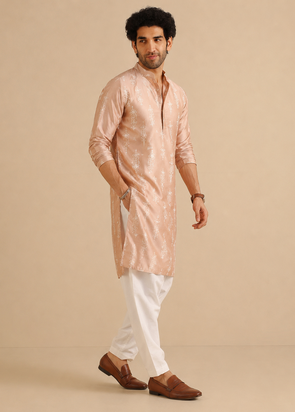 Men Peach Embroidered Kurta Trouser Set