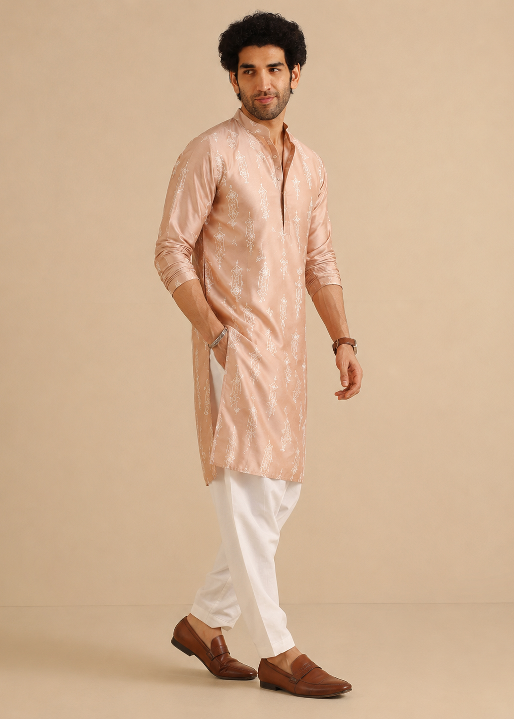 Men Peach Embroidered Kurta Trouser Set