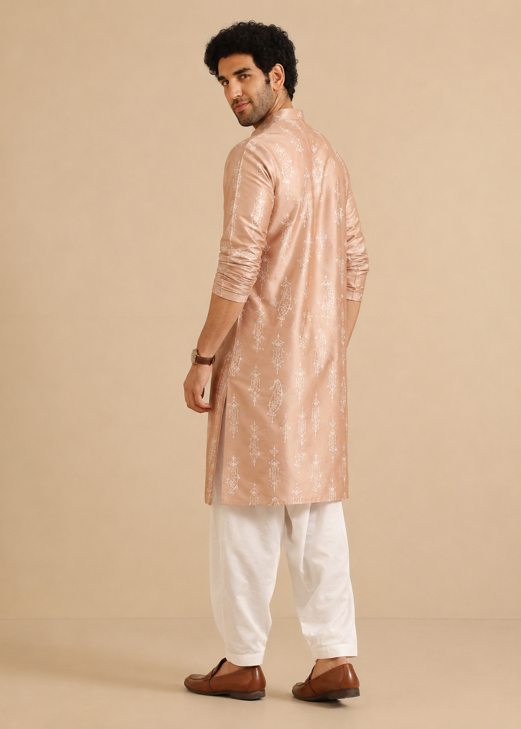 Men Peach Embroidered Kurta Trouser Set