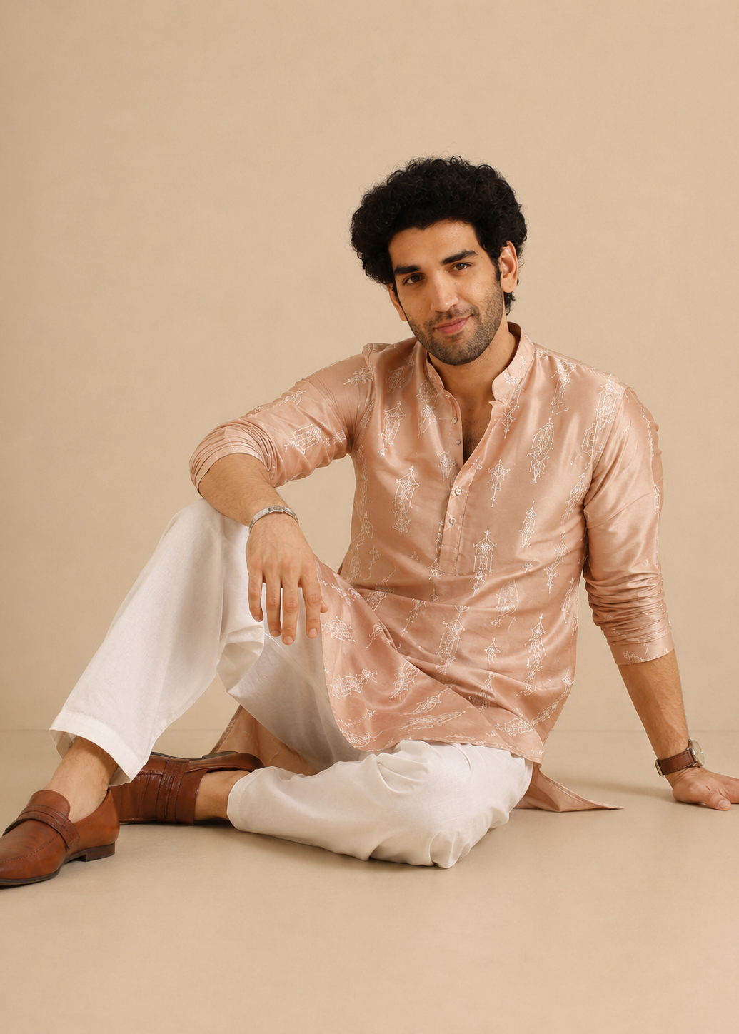 Men Peach Embroidered Kurta Trouser Set