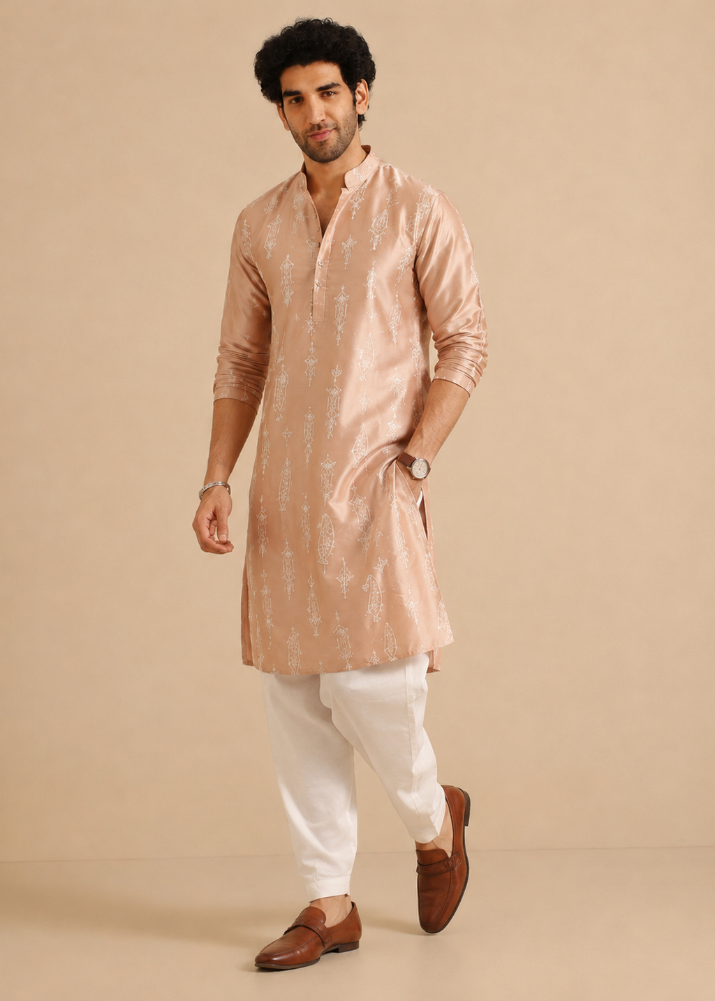 Men Peach Embroidered Kurta Trouser Set