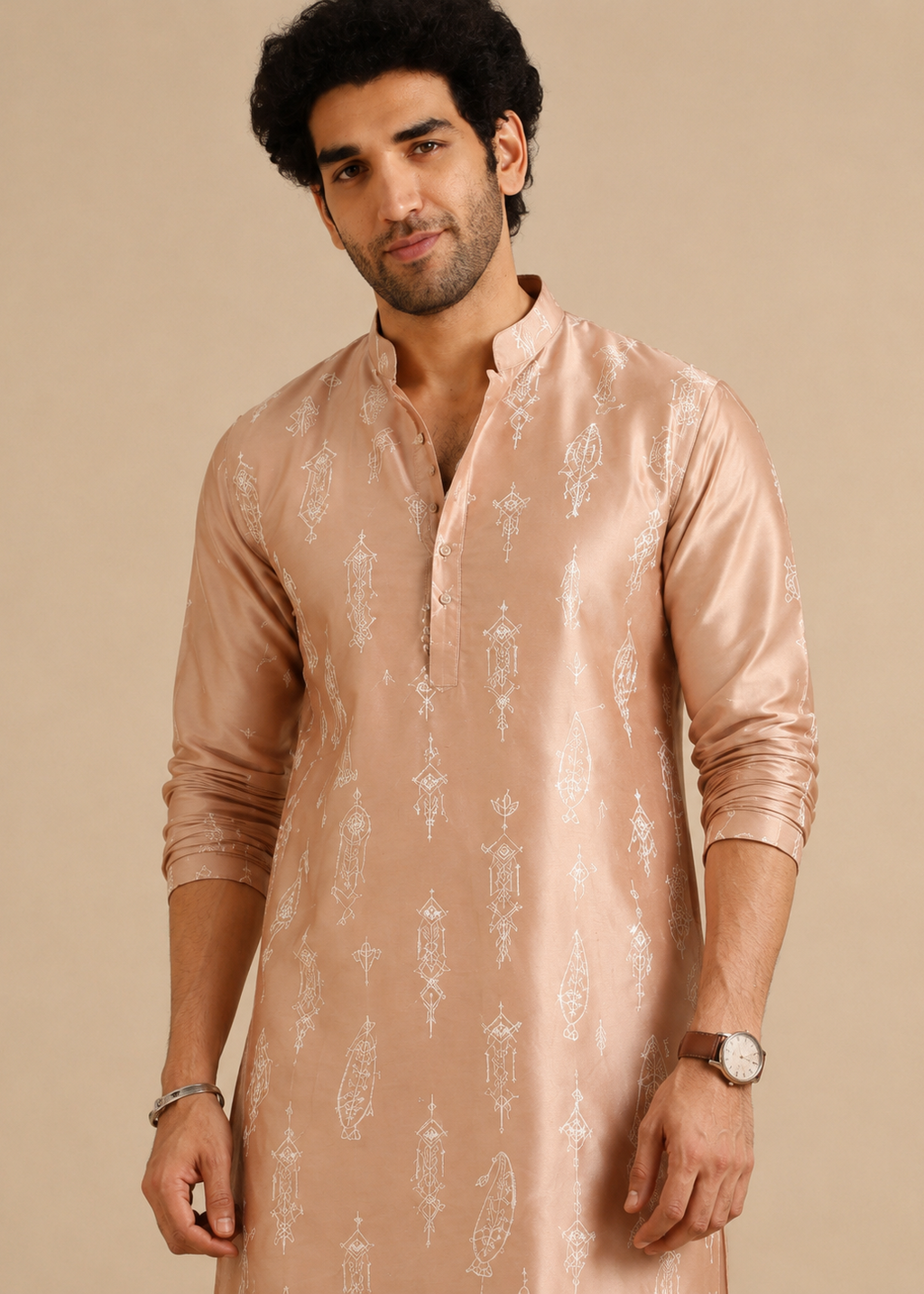 Men Peach Embroidered Kurta Trouser Set