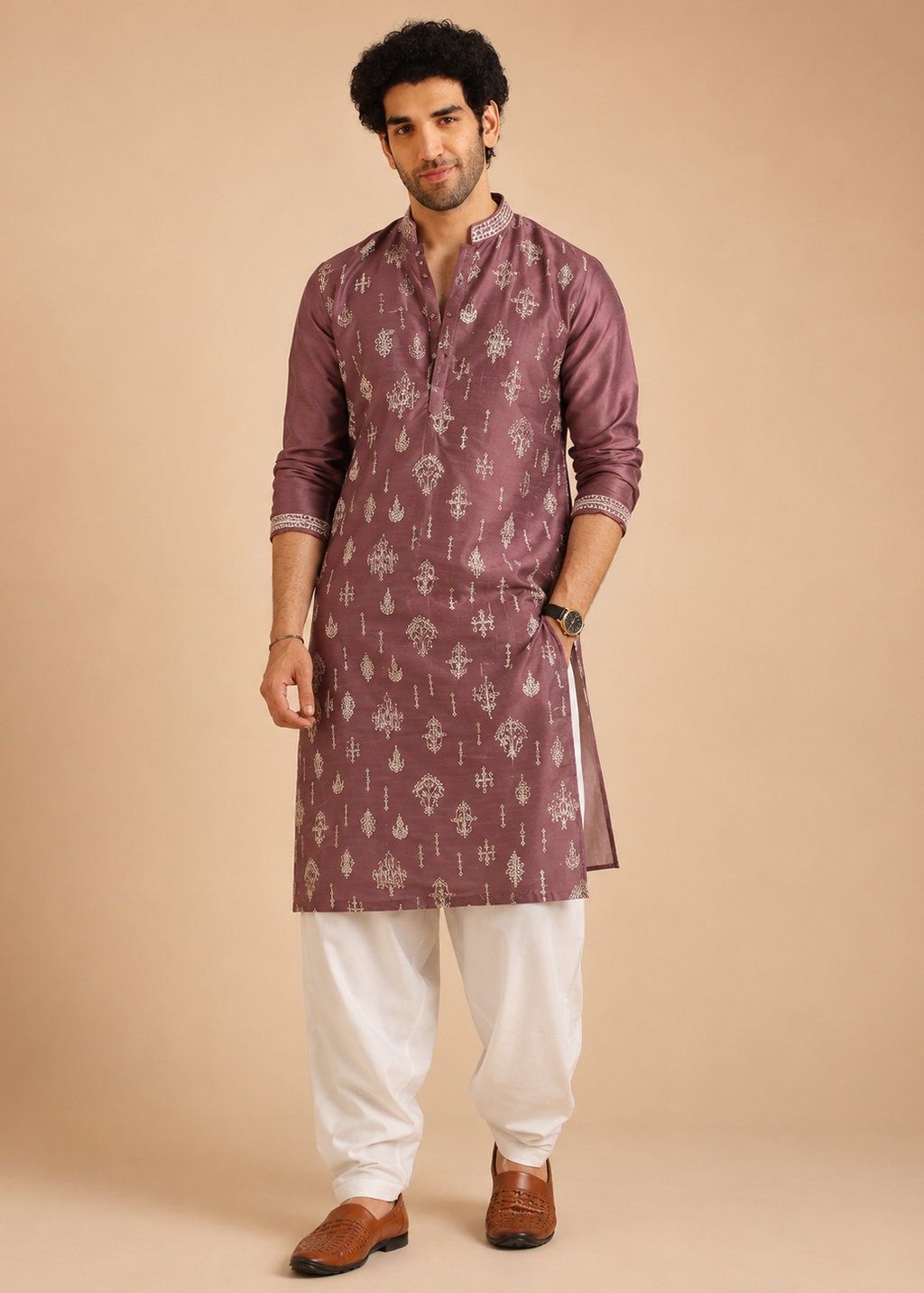 Men Pink Kurta Dhoti Set