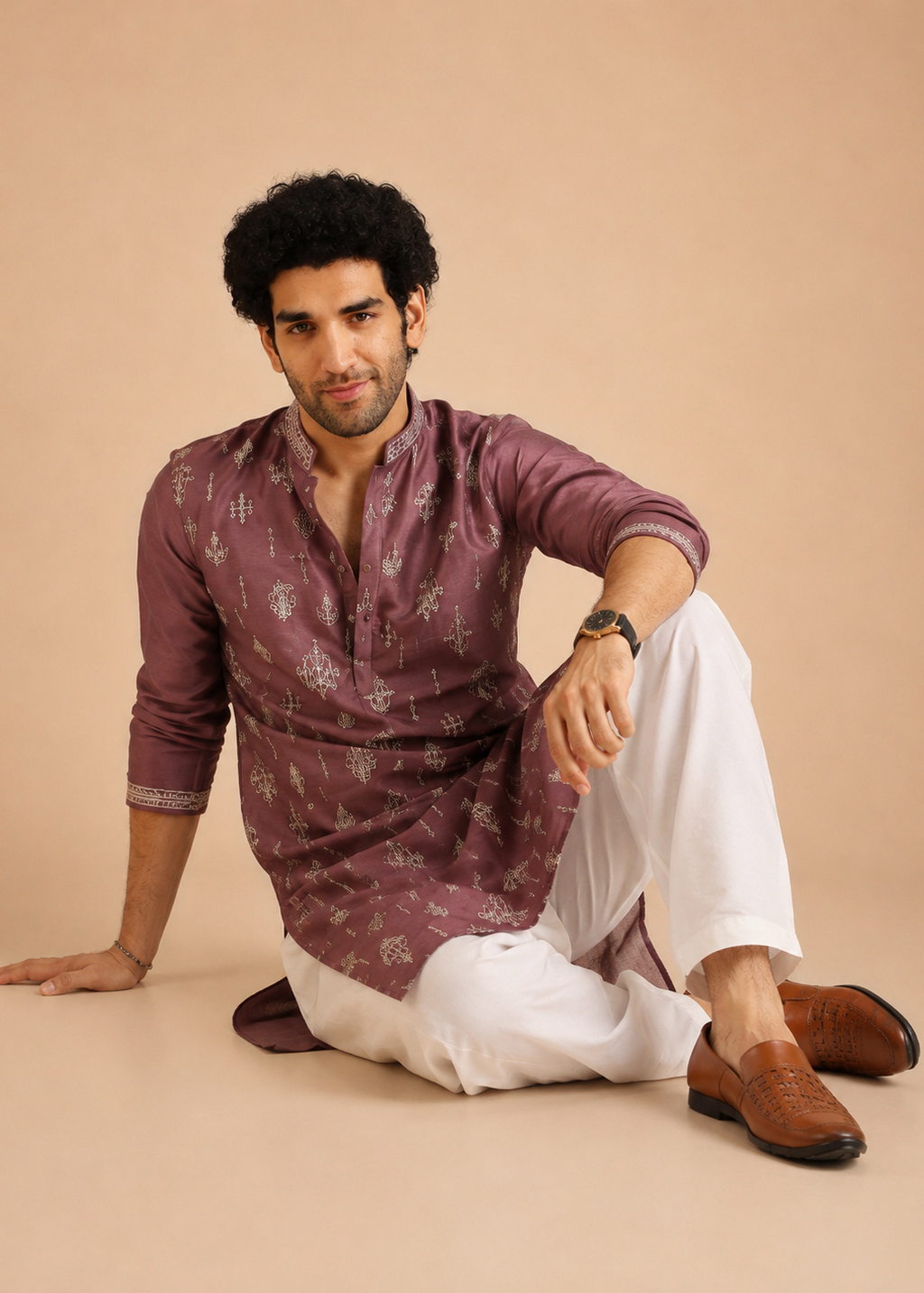 Men Pink Kurta Dhoti Set