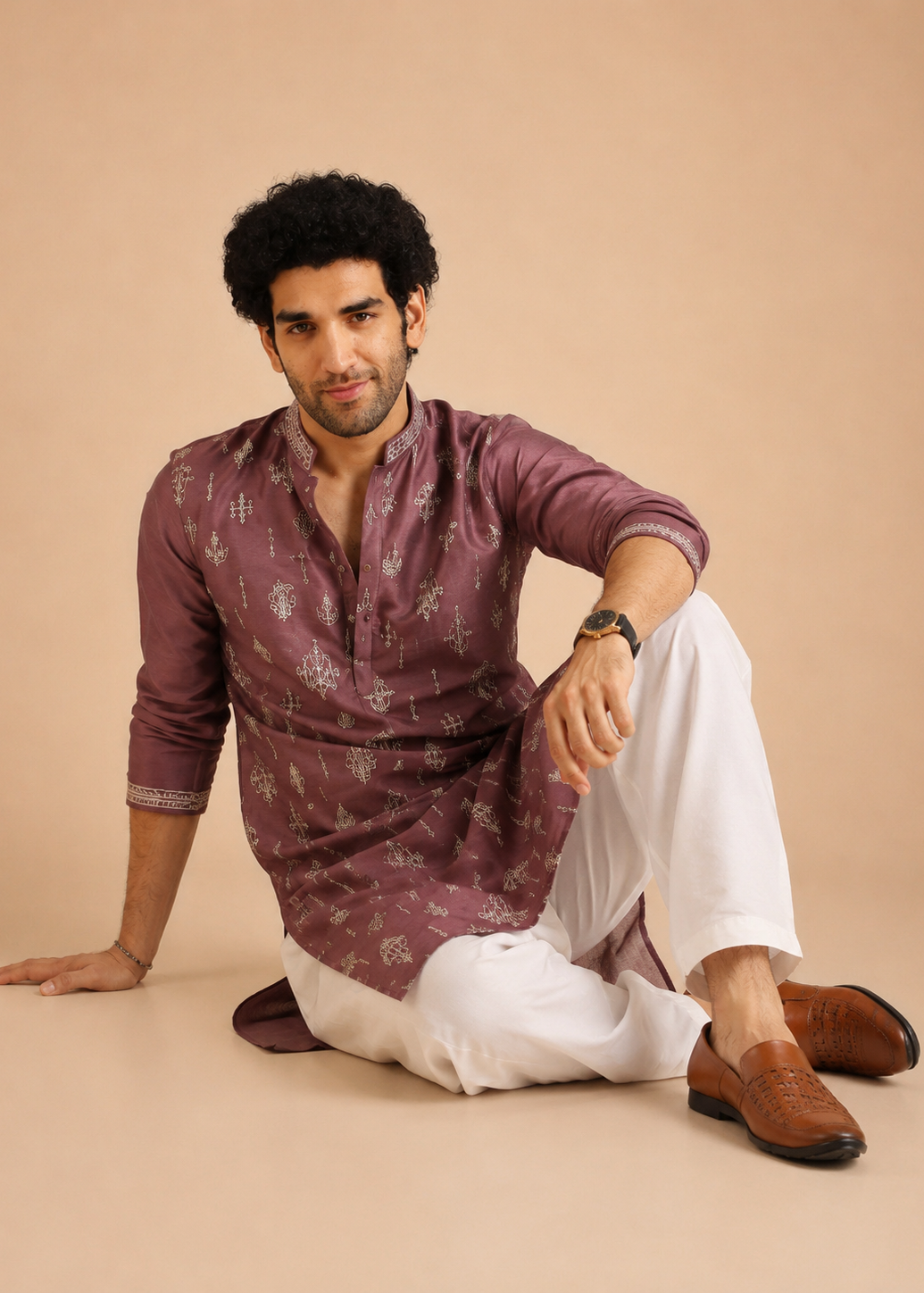 Men Pink Kurta Dhoti Set