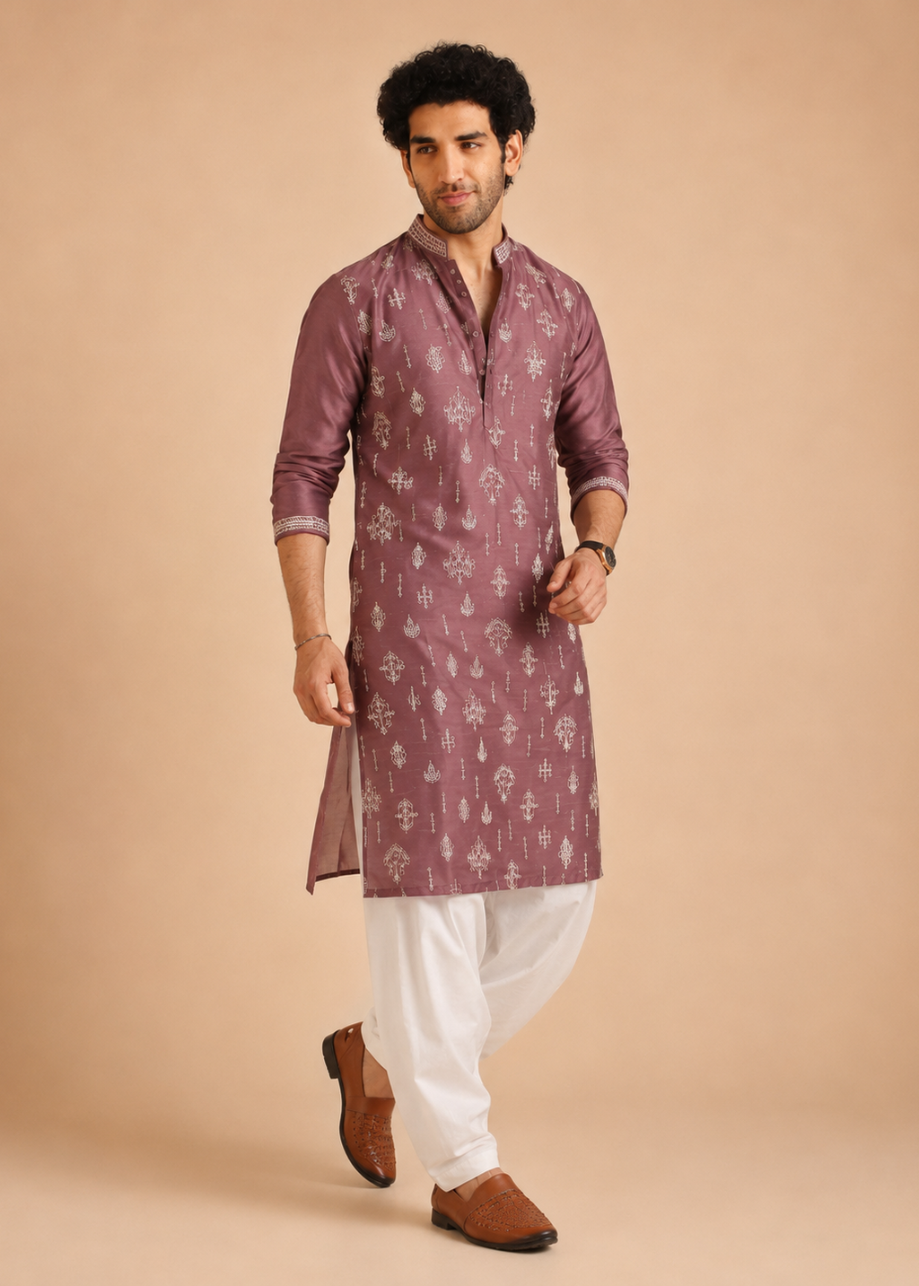 Men Pink Kurta Dhoti Set