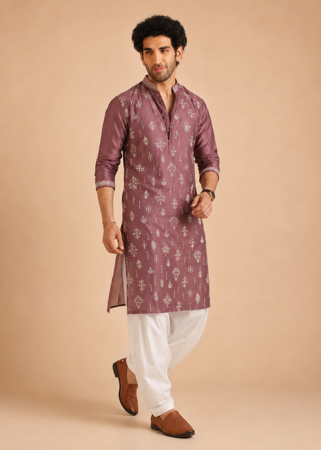 Men Pink Kurta Dhoti Set