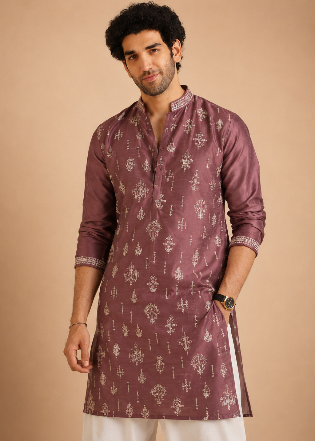 Men Pink Kurta Dhoti Set