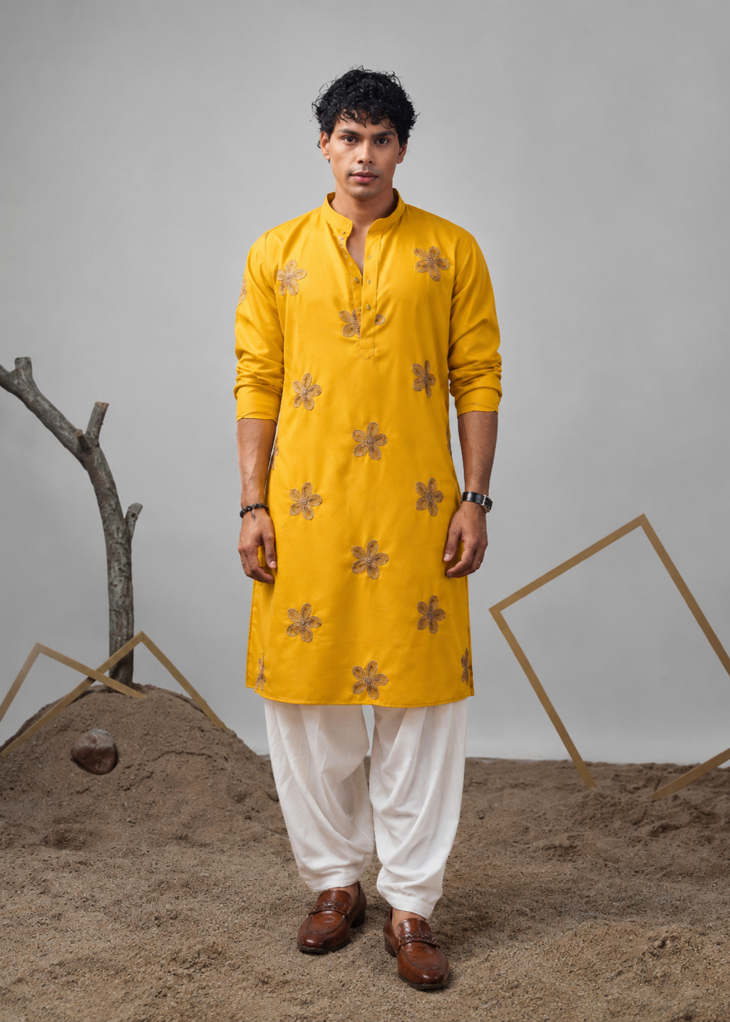 Men Yellow Star Embroidery Design Kurta Dhoti Set