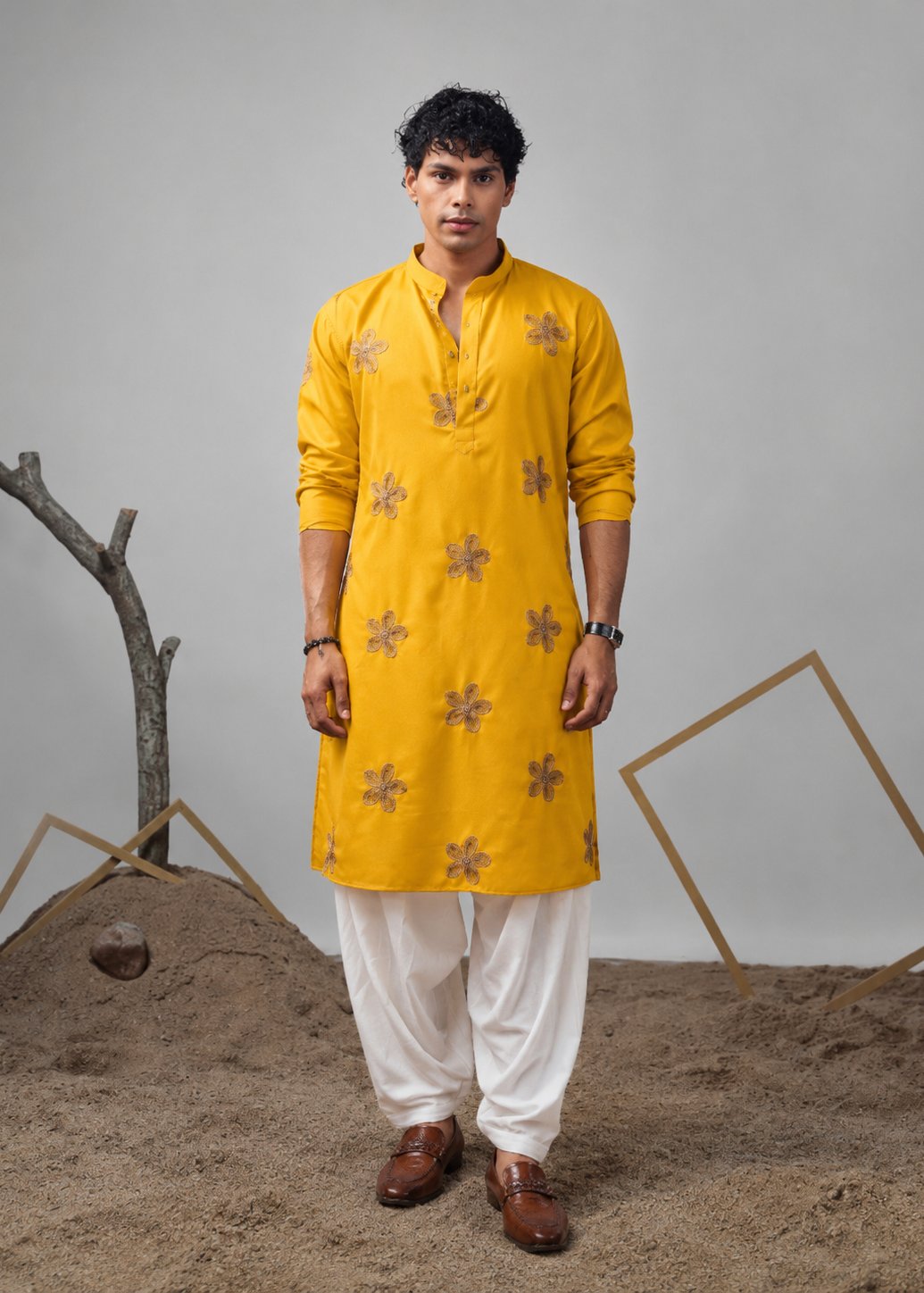Men Yellow Star Embroidery Design Kurta Dhoti Set