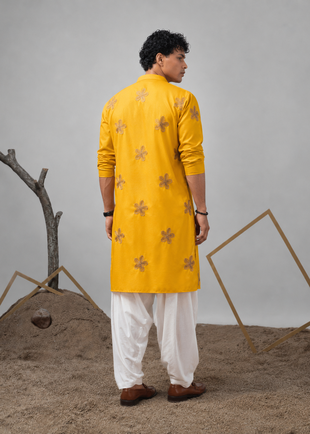 Men Yellow Star Embroidery Design Kurta Dhoti Set
