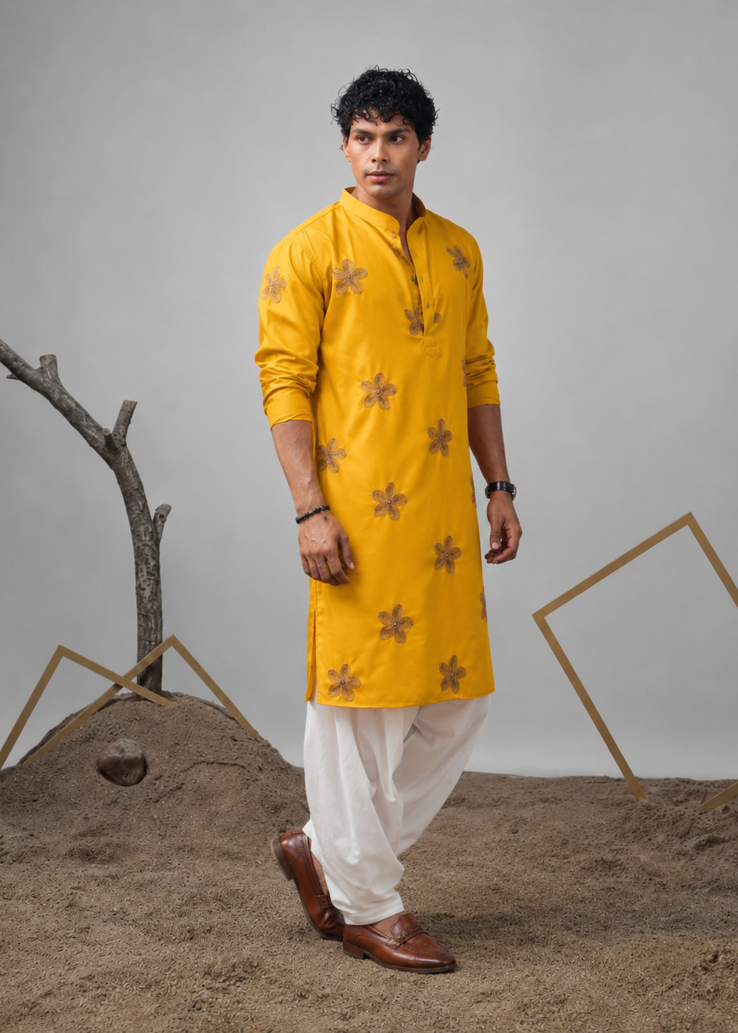 Men Yellow Star Embroidery Design Kurta Dhoti Set