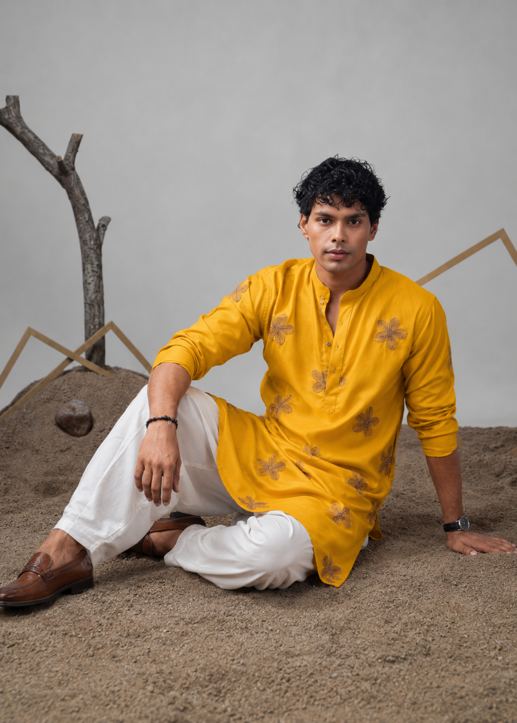 Men Yellow Star Embroidery Design Kurta Dhoti Set