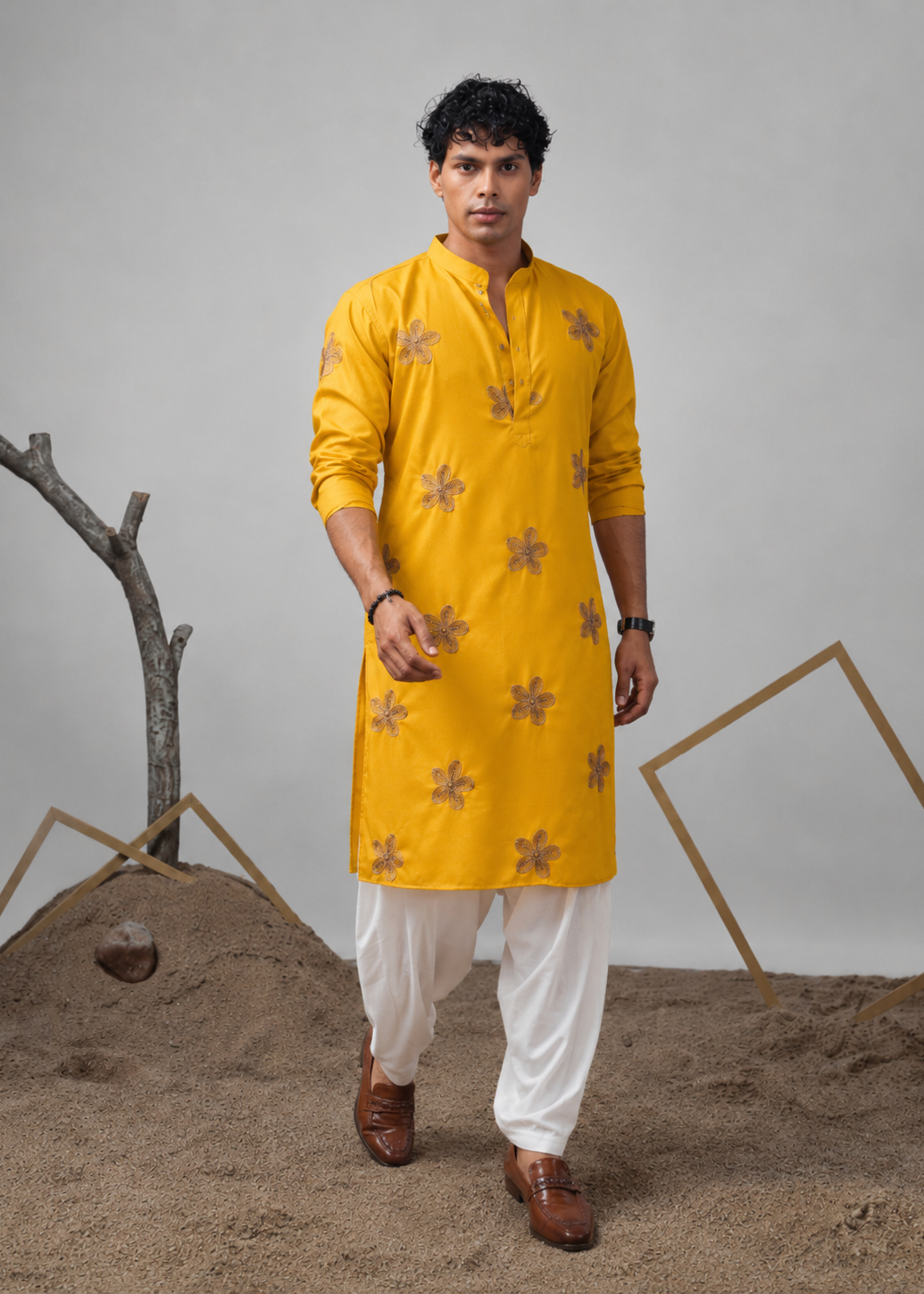 Men Yellow Star Embroidery Design Kurta Dhoti Set