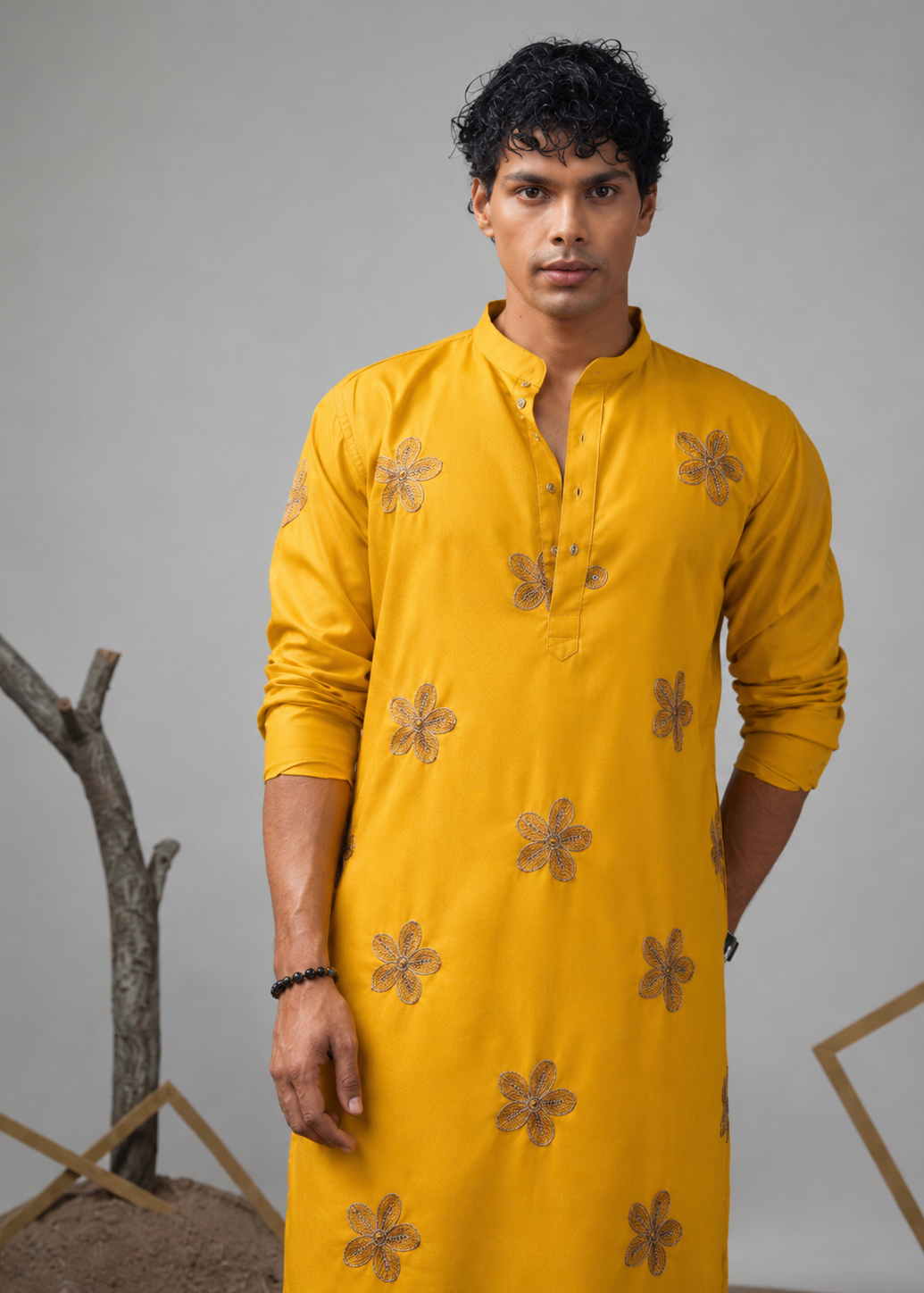 Men Yellow Star Embroidery Design Kurta Dhoti Set